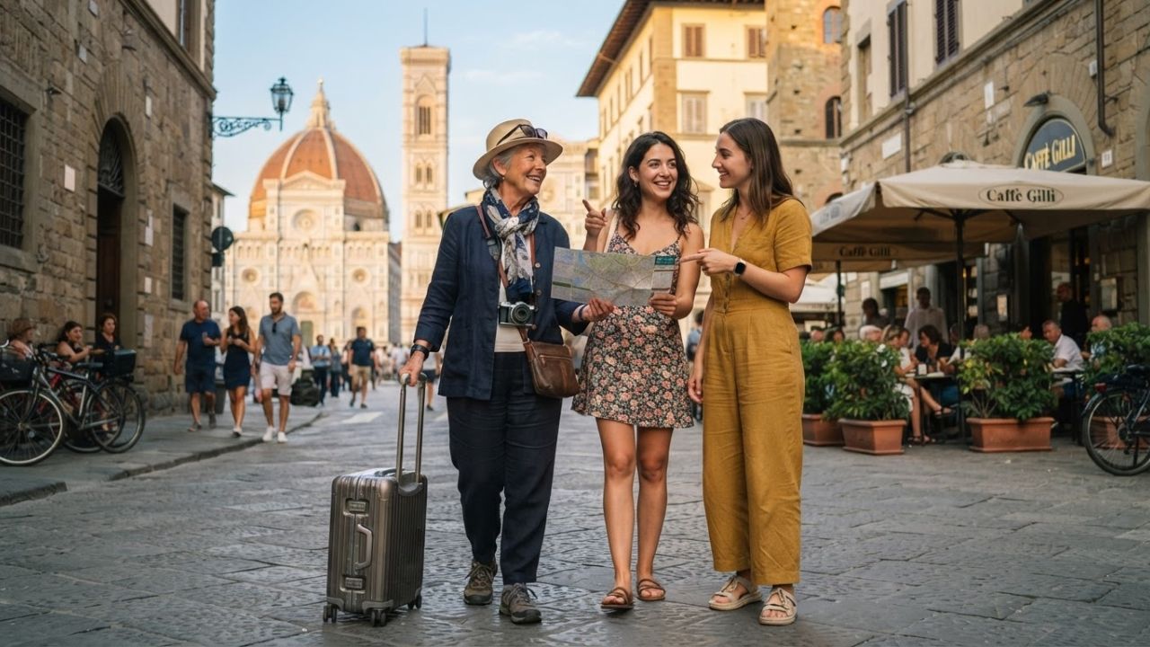 A mature traveler walking along a scenic European street with a small trolley bag