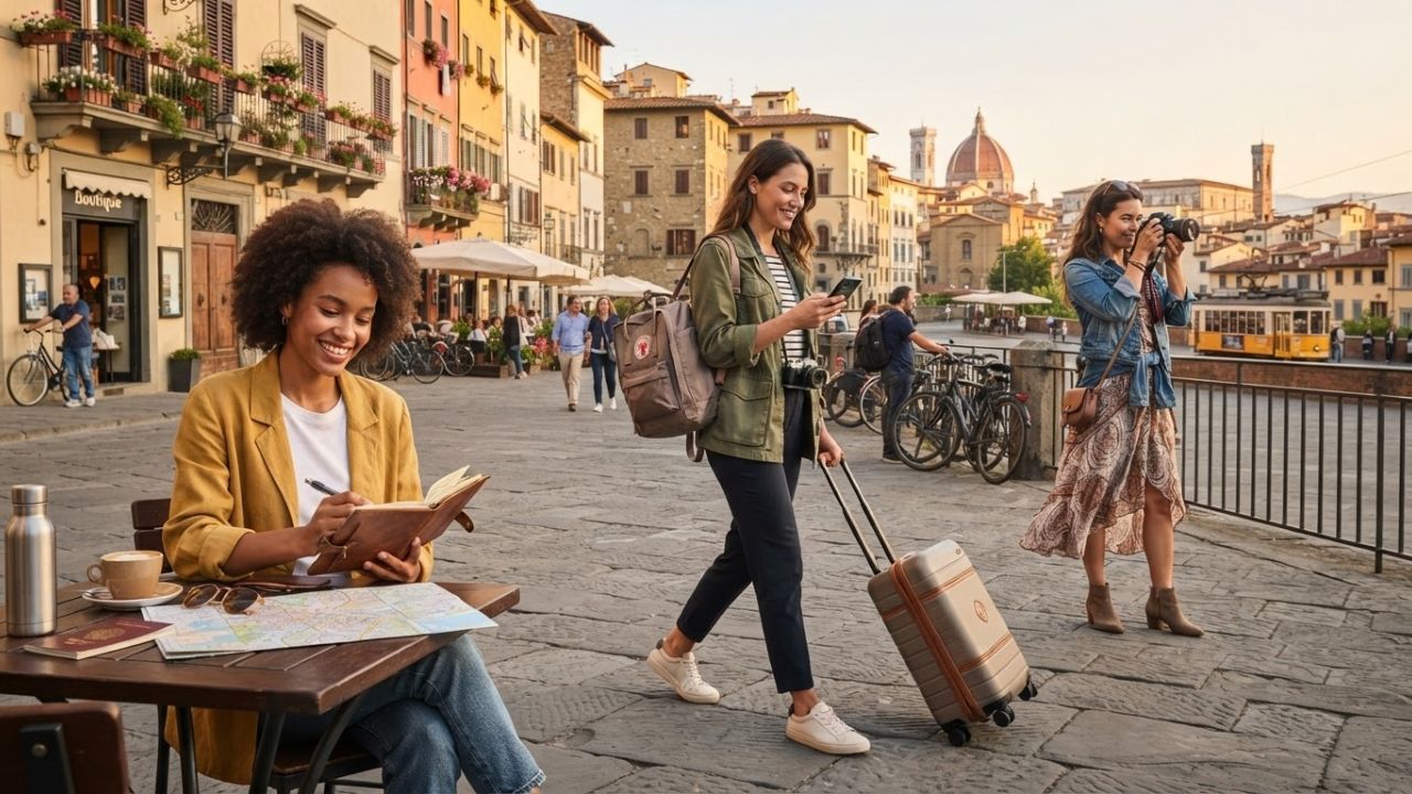 A solo traveler with a backpack and a smartphone checking a map at an outdoor transit station