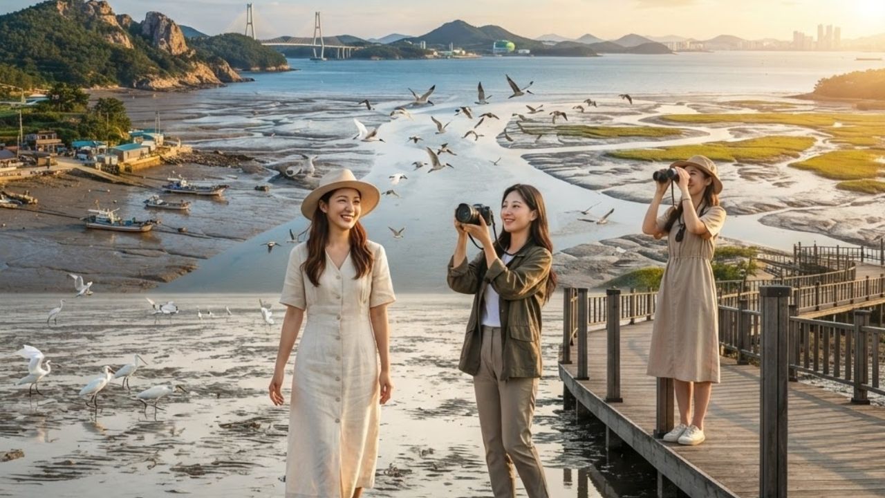 Scenic view of expansive tidal mudflats under a warm sunset sky on the South Korean coast