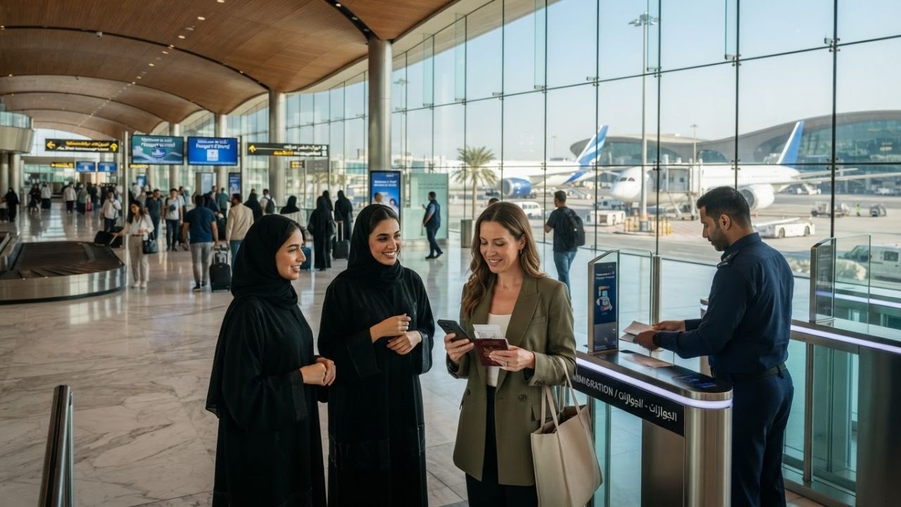 A traveler presenting a passport at immigration check-in gate at Dubai Airport