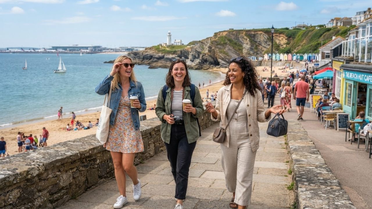 A scenic view of a coastal beach town in the UK with historic buildings on a sunny day