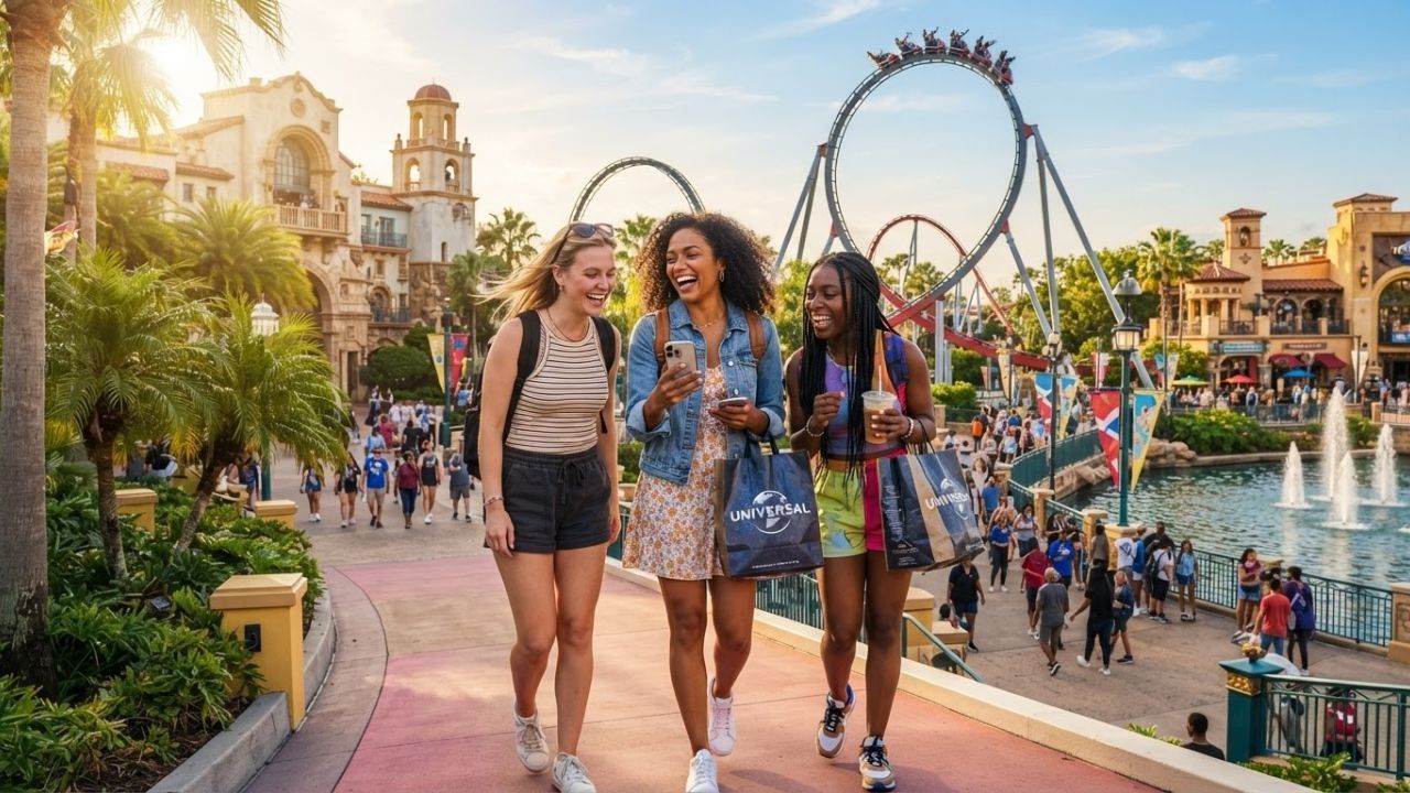 A wide scenic view of a modern theme park roller coaster under a bright sunny sky