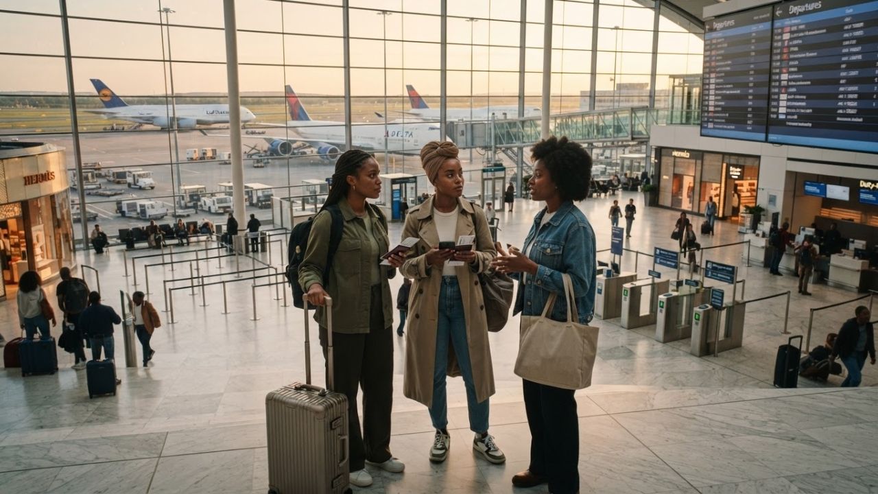 A busy international airport terminal with arrivals board and passengers under U.S. Customs signs