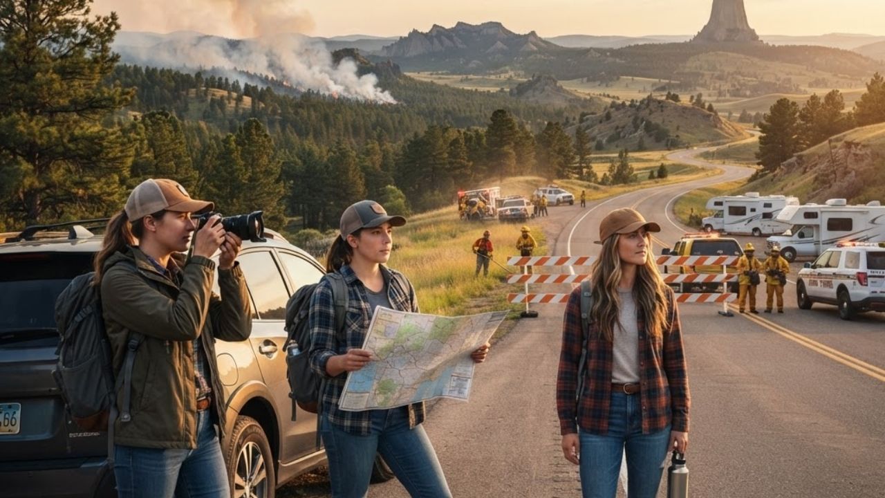 A scenic highway in Wyoming with smoke rising from a pine forest in the distance
