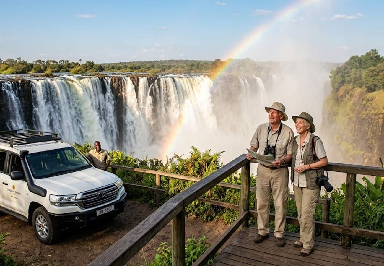 Aerial view of Victoria Falls and the Zambezi River in Zimbabwe