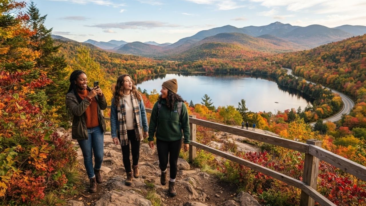 A photorealistic rendering of a scenic mountain lake in the Adirondacks surrounded by red, orange, and gold autumn forests.