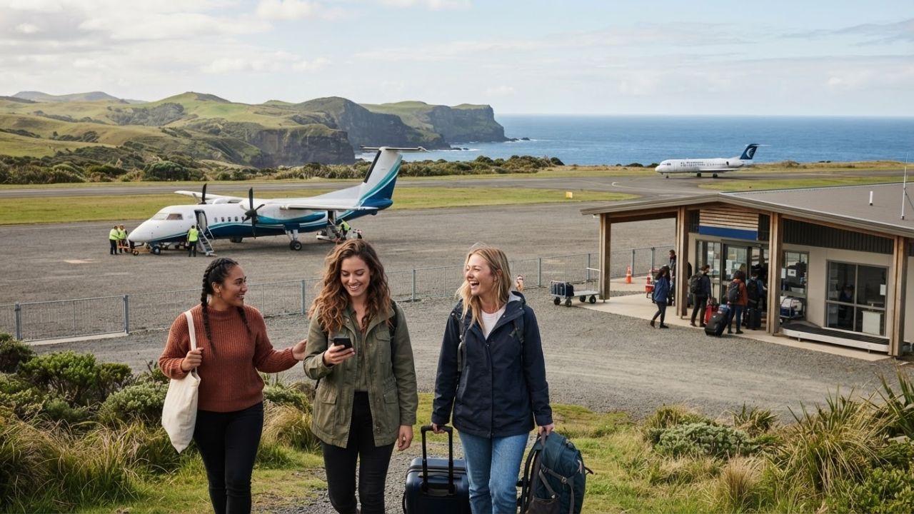 A regional Air Chathams passenger aircraft parked on the runway of a scenic coastal airport.