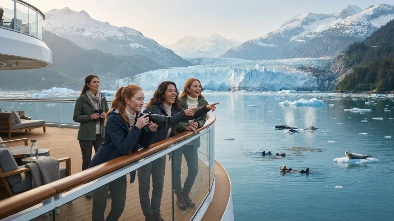 A large luxury cruise ship sailing close to a massive blue glacier in Alaska's Glacier Bay.