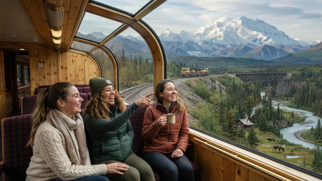 The flagship Denali Star Train crossing the historic Hurricane Gulch Bridge in Alaska.