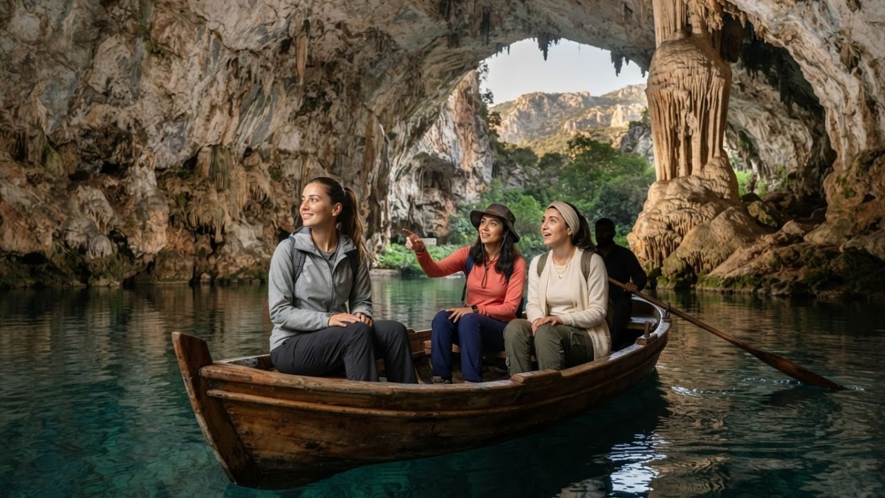 The illuminated entrance of Altınbeşik Cave National Park in Mediterranean Türkiye, where a wooden boat carries visitors along the underground river into one of the world's largest subterranean lake systems