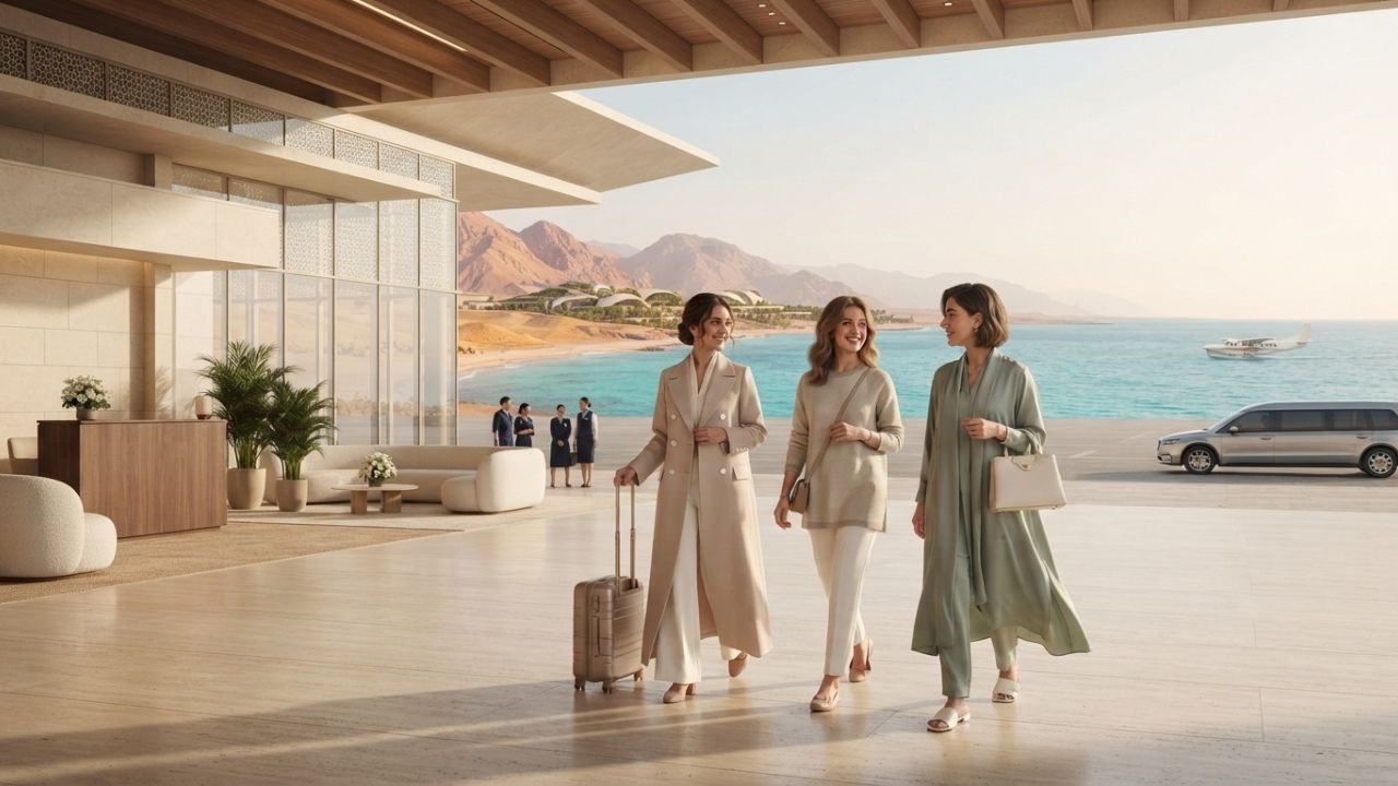 Panoramic aerial view of the modernised AlWajh International Airport terminal with contemporary architecture on the Saudi Arabian Red Sea coastline