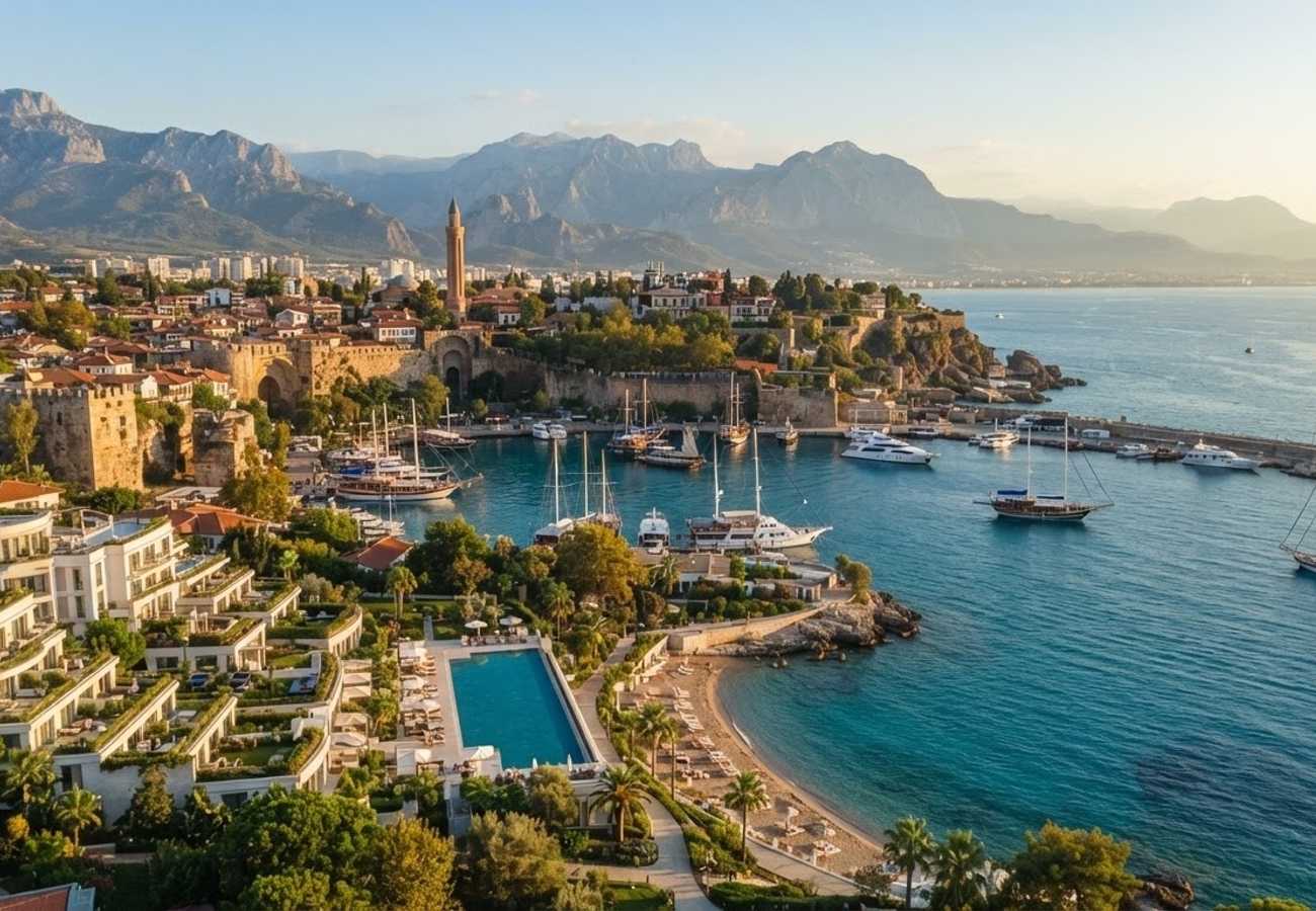 Aerial view of Antalya Mediterranean coastline and luxury resorts