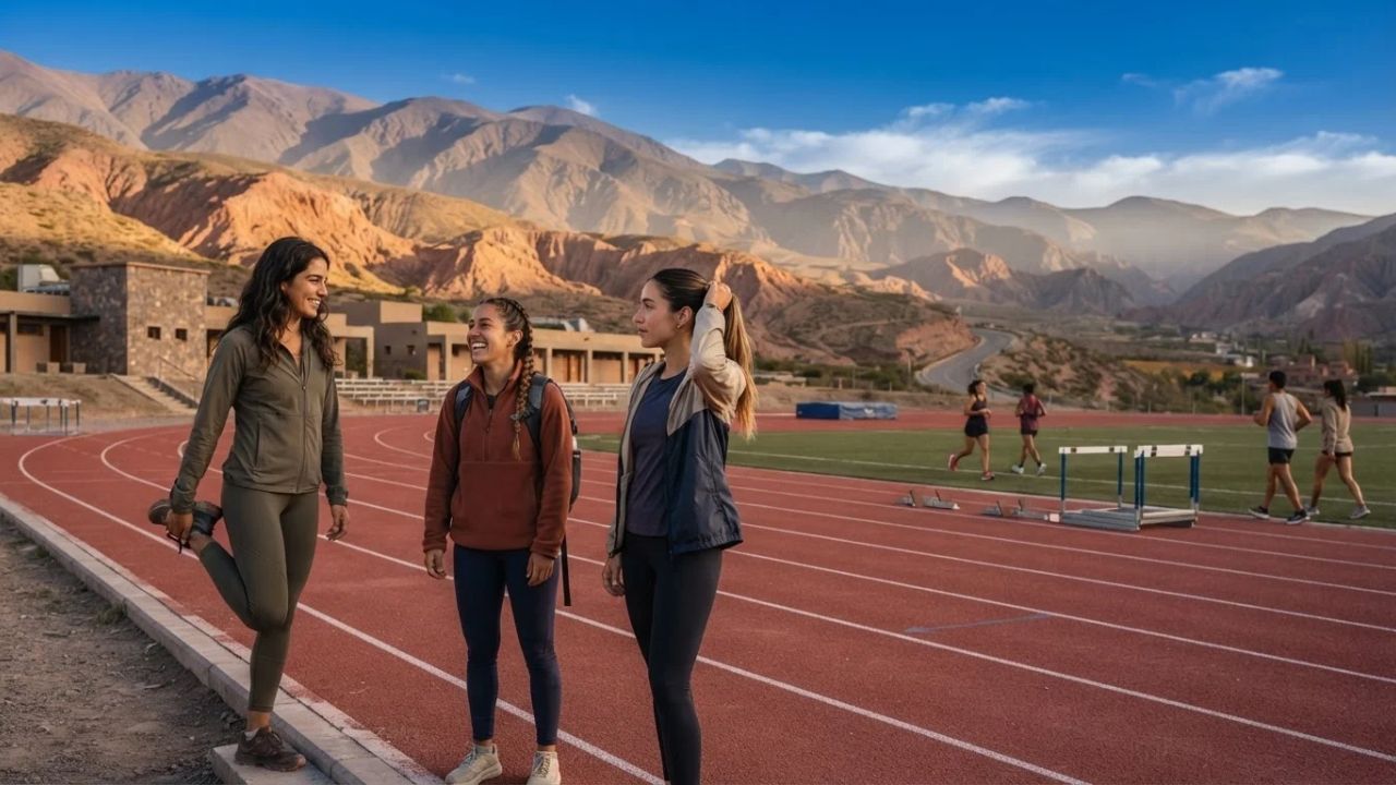 A high-altitude running track in Cachi surrounded by the scenic peaks of the Calchaquí Valleys.