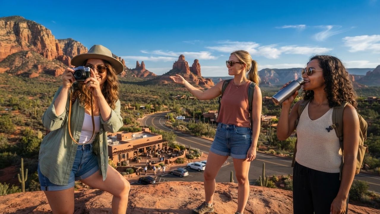 Desert mountains under a sunset sky with a suitcase representing travel