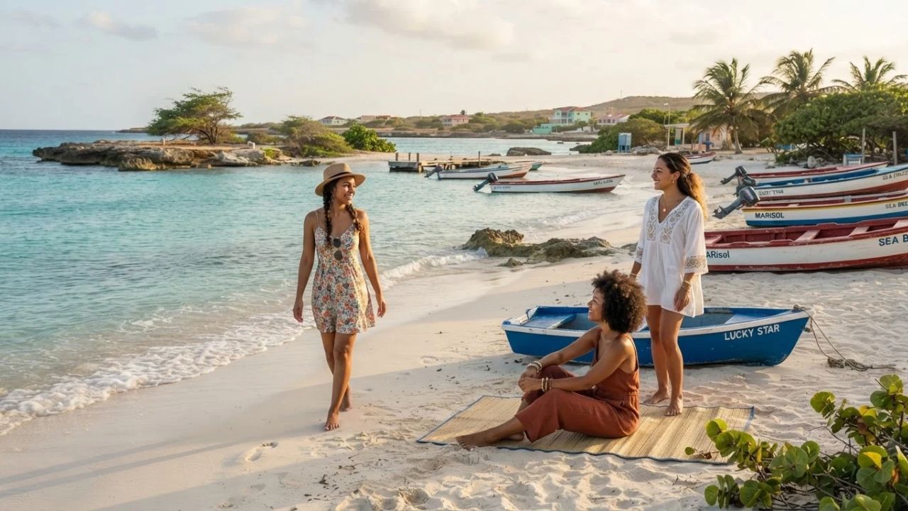 A scenic view of a quiet Caribbean bay with crystal clear turquoise water and white sand.