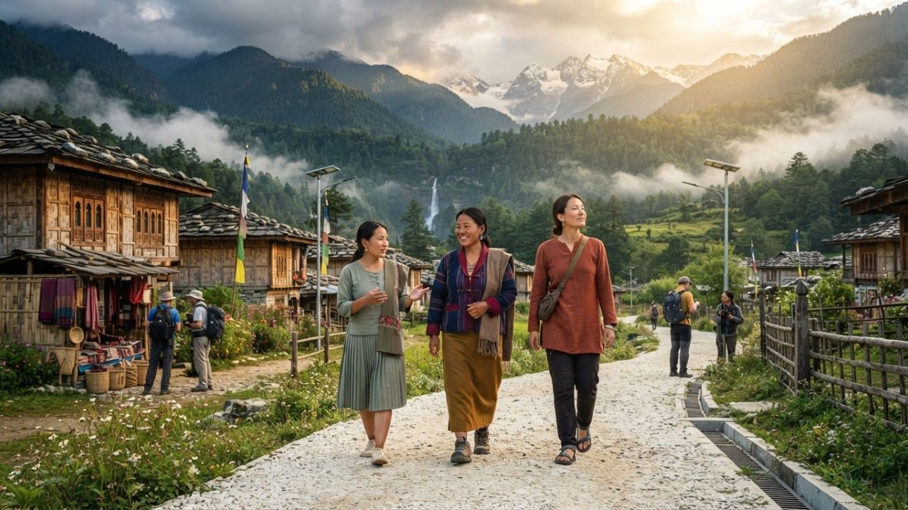 A traditional wooden house in a misty mountain village in Arunachal Pradesh, India