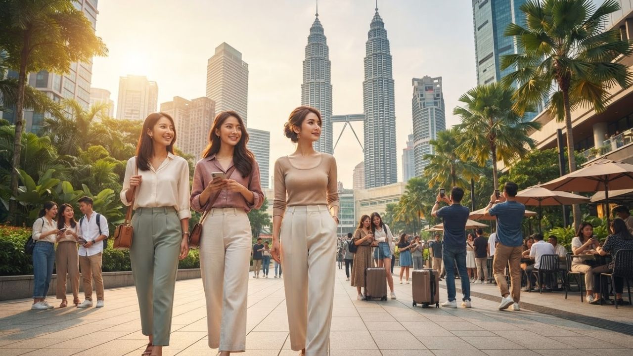 A photorealistic rendering of a modern airport lobby in Southeast Asia with digital displays and international travelers.