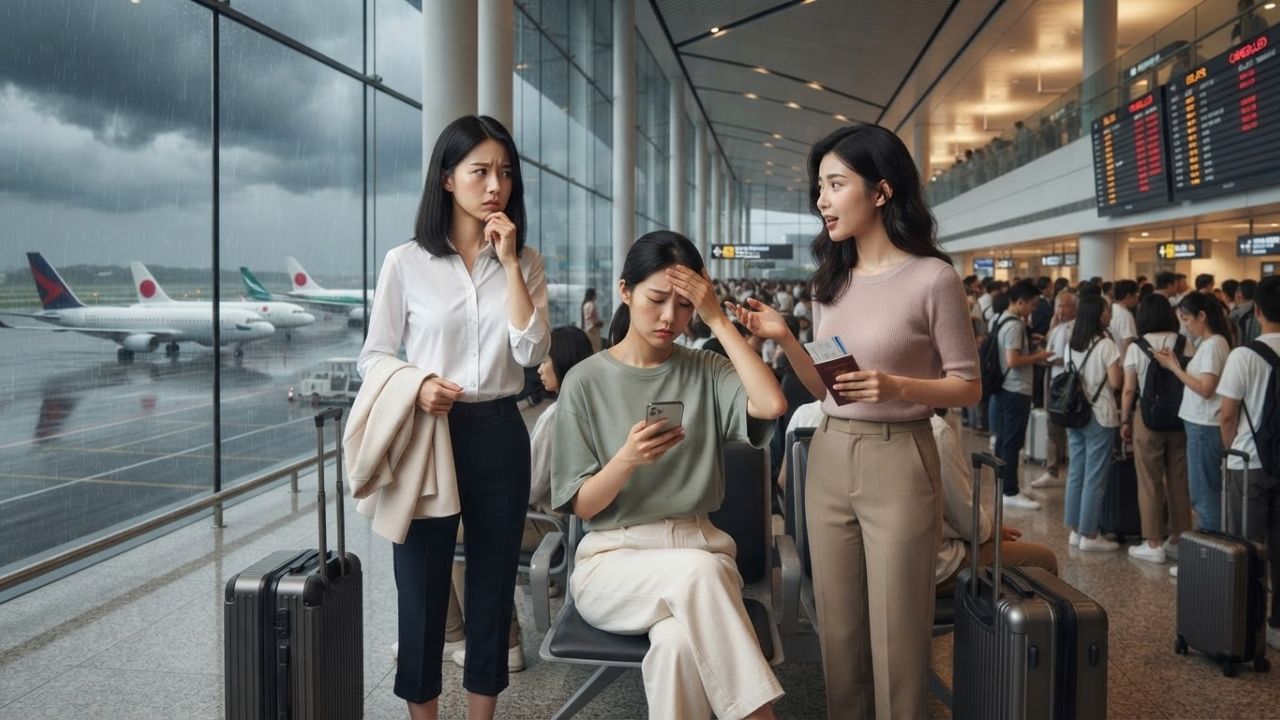 An airport departure lounge with travelers waiting next to glass windows looking at airplanes parked on the tarmac