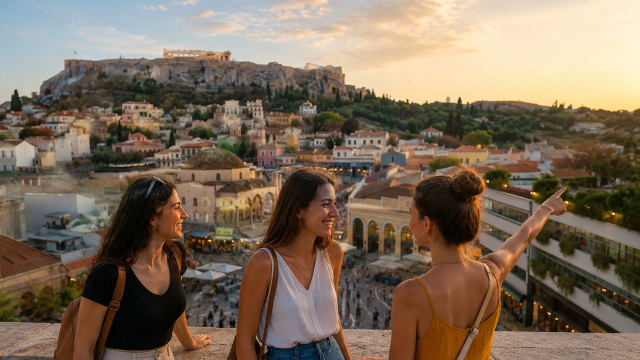 Golden hour view of the Acropolis and Parthenon overlooking Athens, Greece.