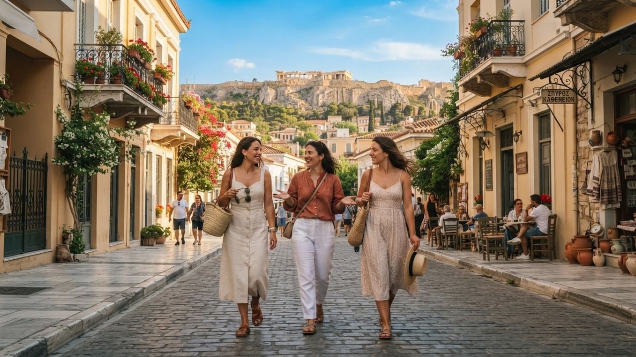 Scenic view of the Acropolis of Athens under a clear blue sky during summer.