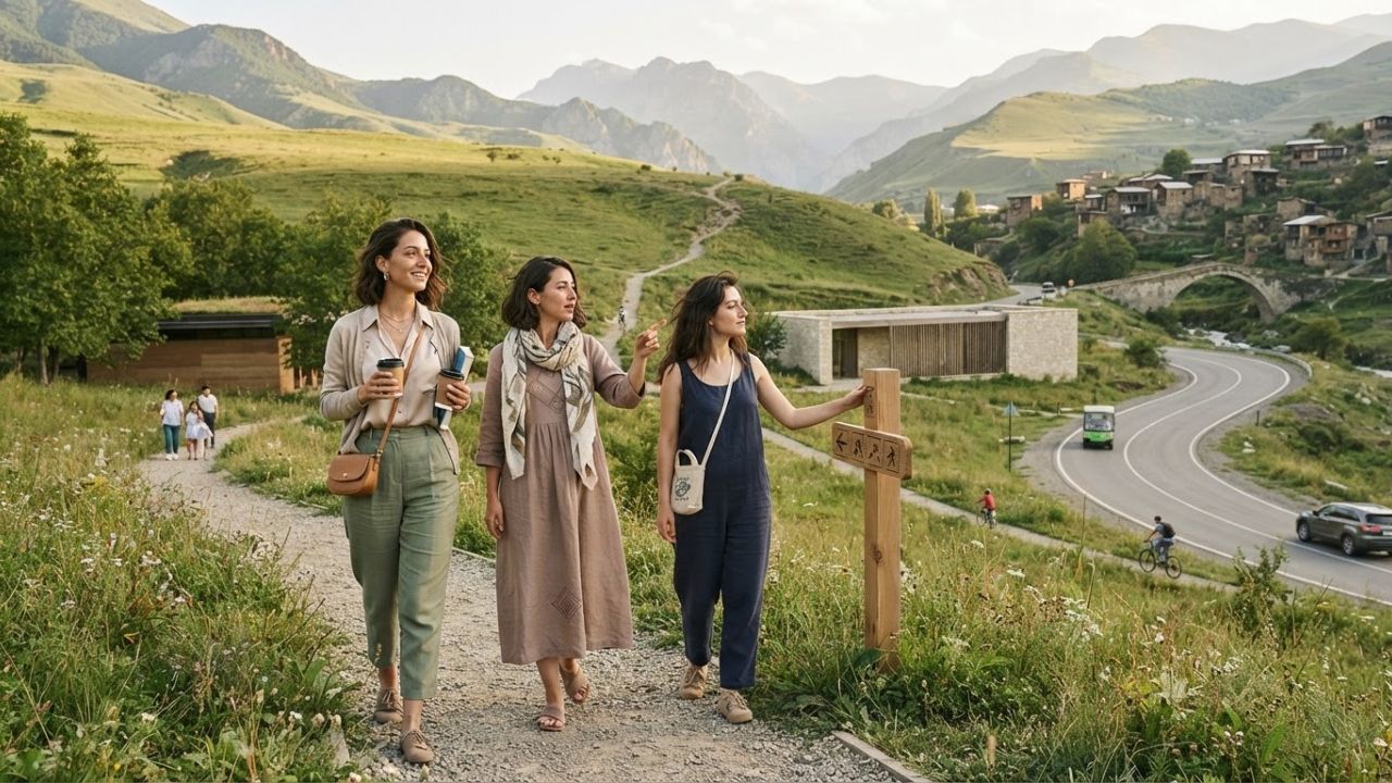 Scenic landscape view of Azerbaijan's Caucasus mountains and countryside, representing the country's plan to develop three new tourism and recreation zones between 2027 and 2030