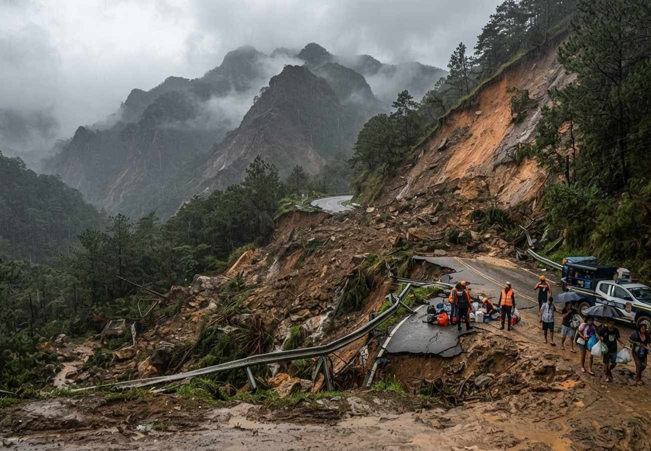 Aerial view of landslide damage in the Cordillera mountain range Philippines