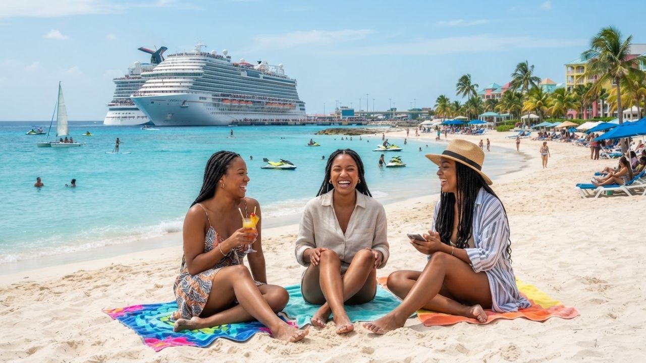 A cruise ship docked at a tropical port in The Bahamas under clear blue skies