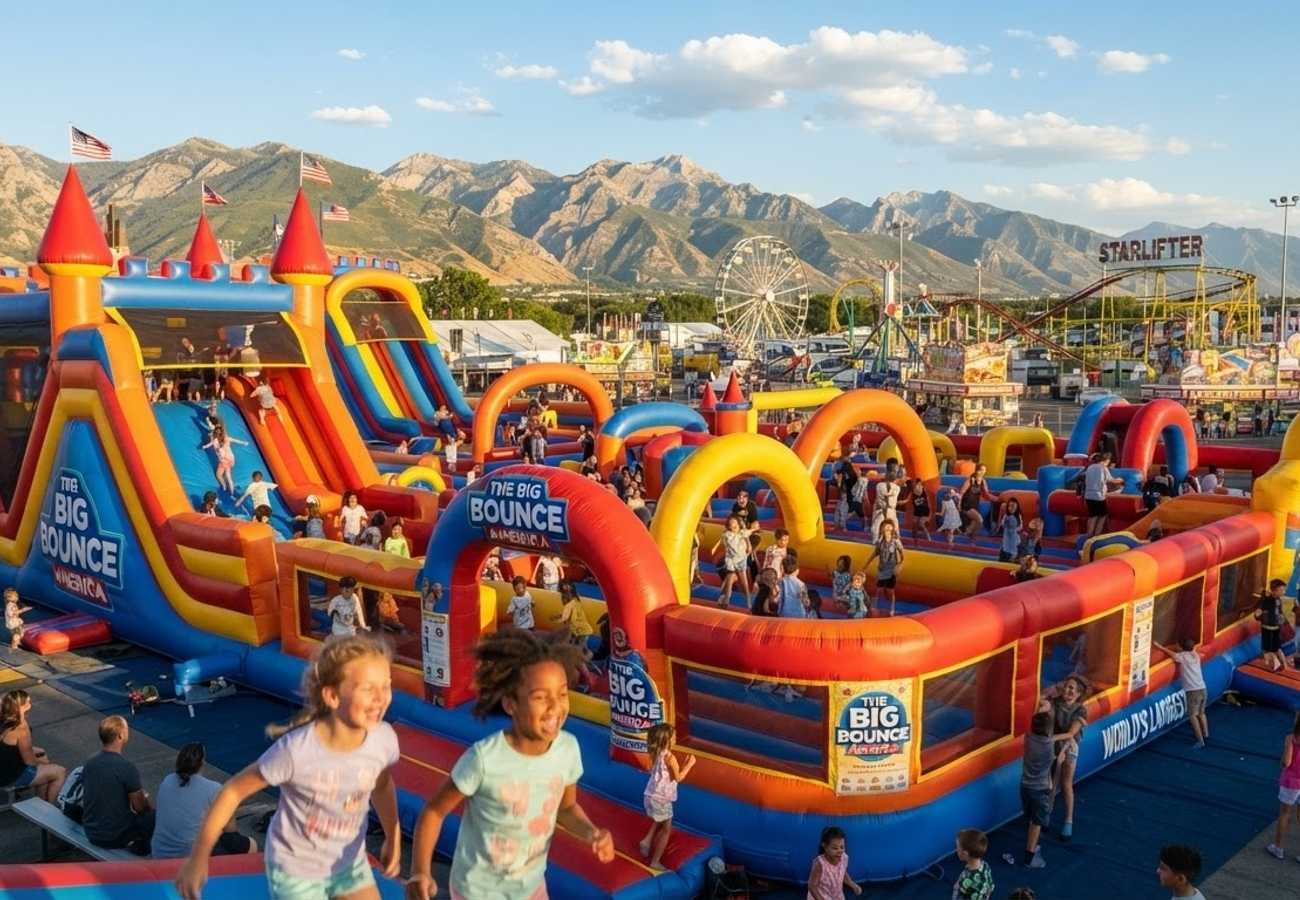 Massive colorful inflatable bounce house structures at the Utah State Fairpark