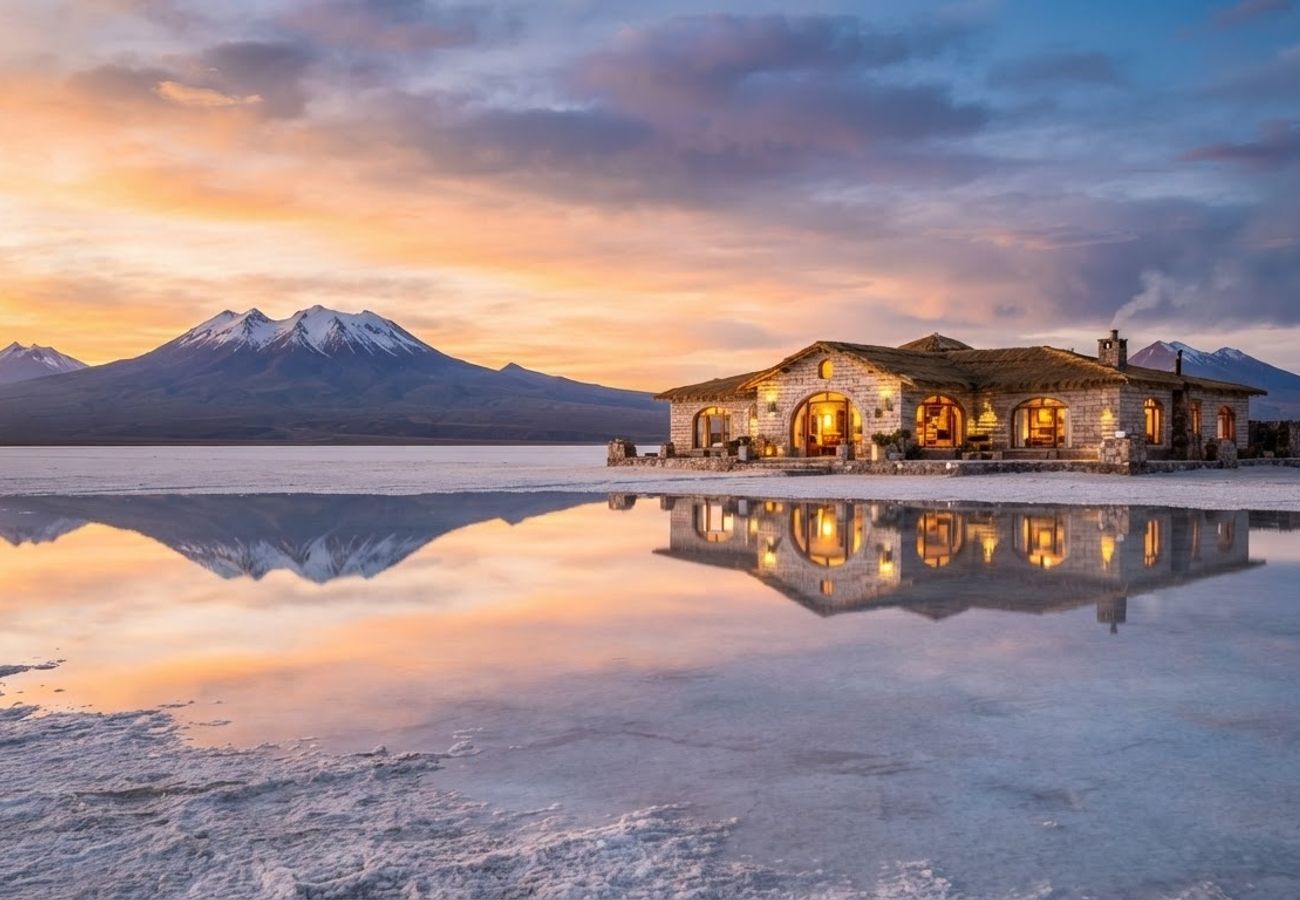 Aerial view of the Salar de Uyuni salt flats in Bolivia