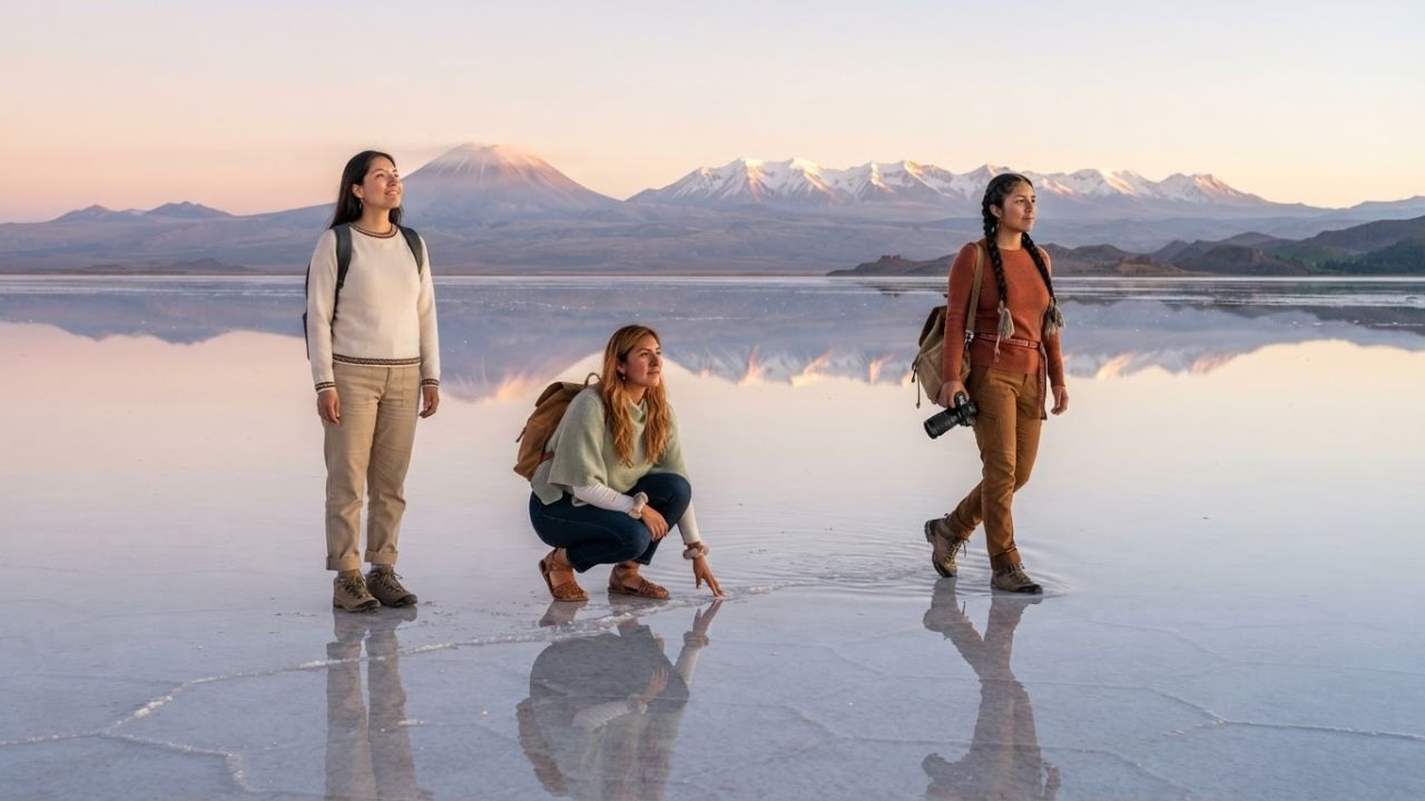 Reflective water surface over Salar de Uyuni salt flat in Bolivia.