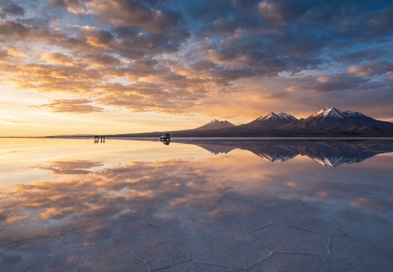 The reflective white surface of the Salar de Uyuni salt flats in Bolivia