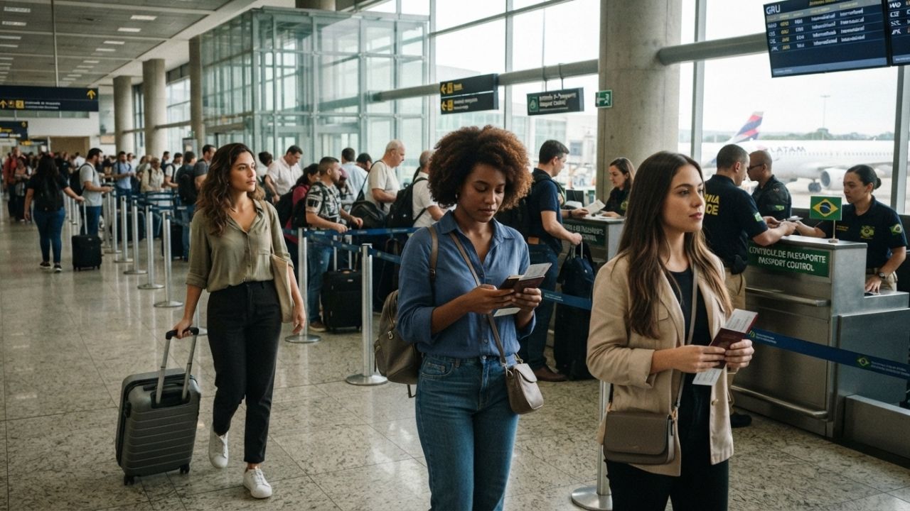 A photorealistic rendering of a border control checkpoint at a major international airport terminal in South America.