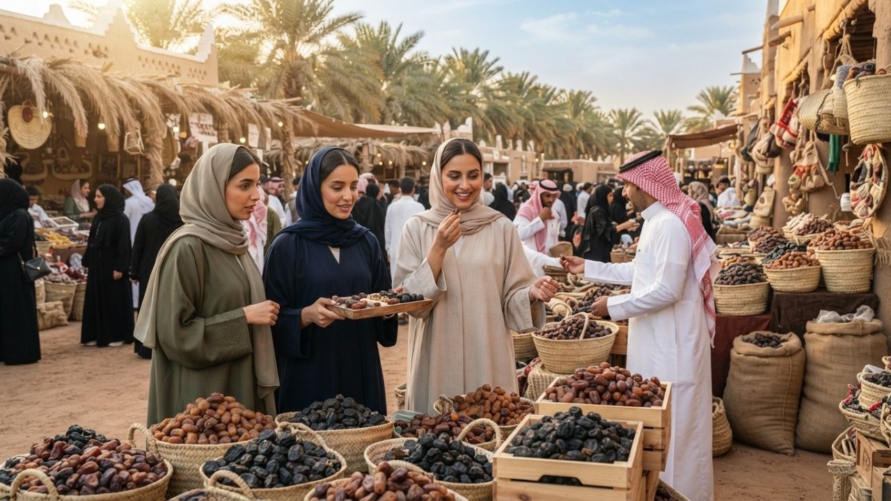 A vibrant outdoor market display in Date City, Buraydah, showing wooden baskets filled with various fresh golden and brown dates under shade sails.