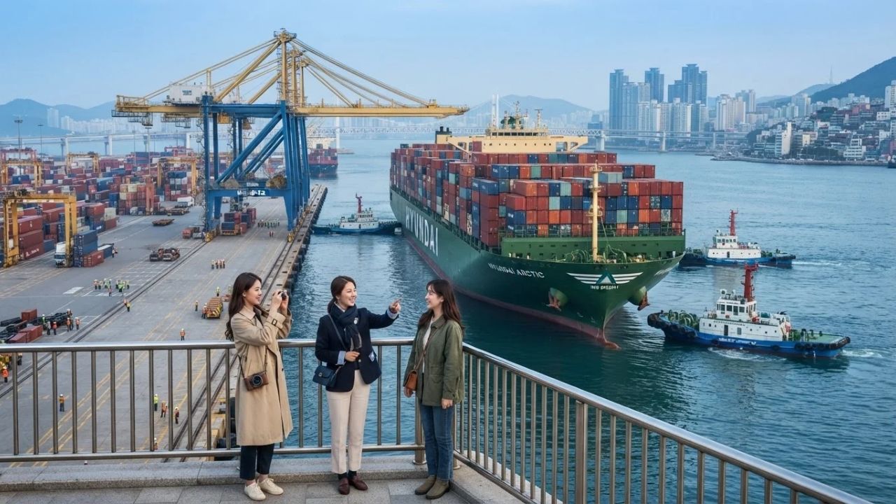 A large container ship navigating through cold waters near the port of Busan.