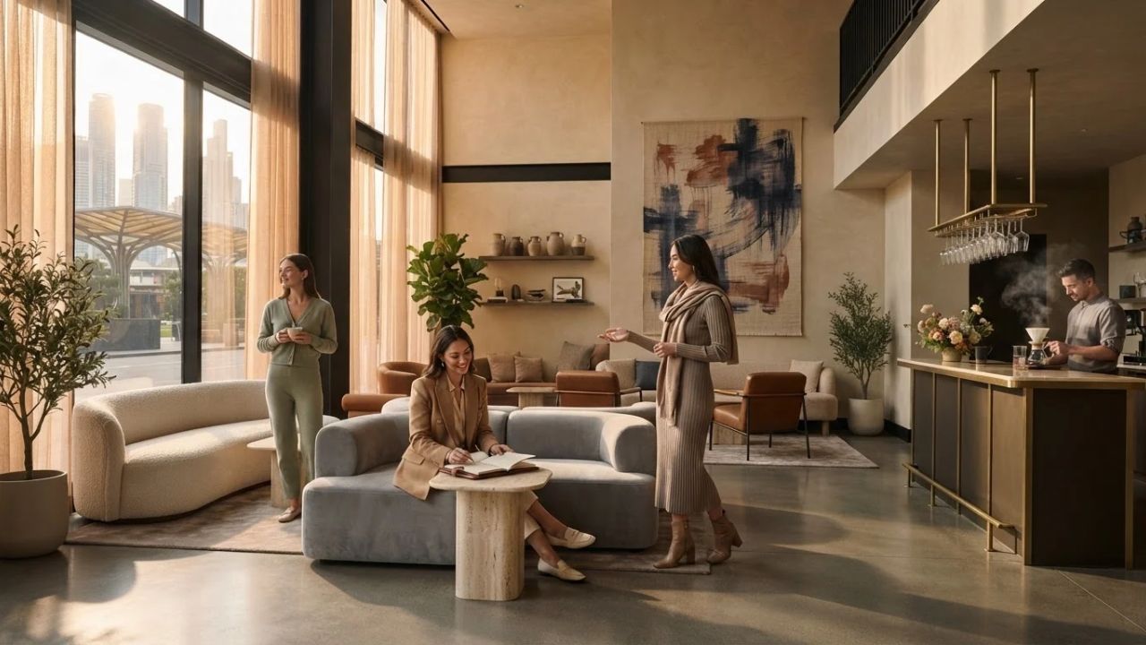 A stylish, modern hotel lobby with contemporary lighting and colorful local artwork.