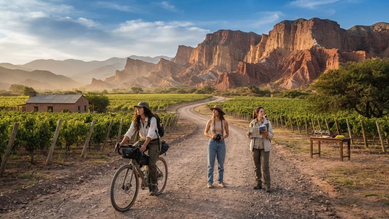 Vineyards growing in a high-altitude desert valley surrounded by red rock mountains under a blue sky.