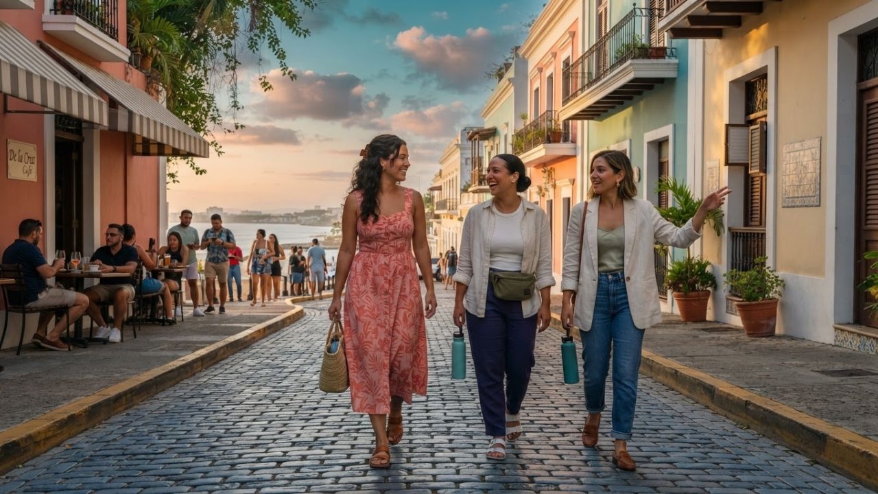A scenic sandy beach and historic fortifications along the coast of San Juan, Puerto Rico.