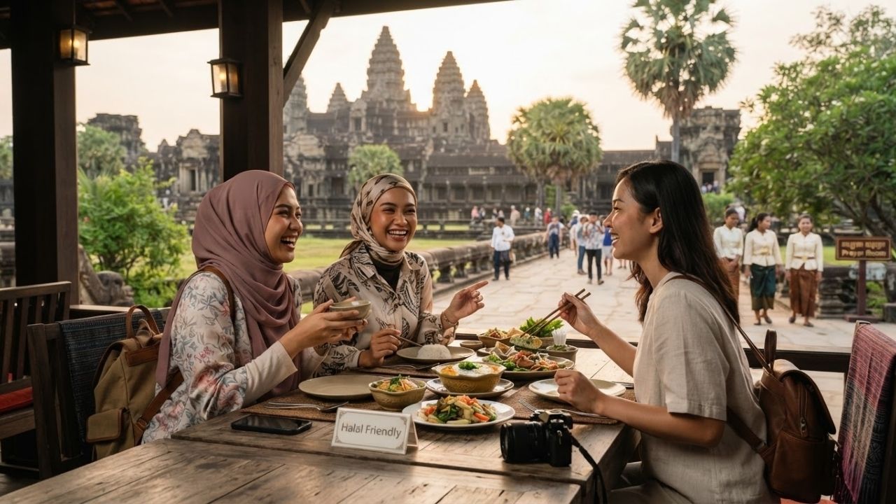 Angkor Wat temple reflected in lotus pond with green tropical landscape in Cambodia