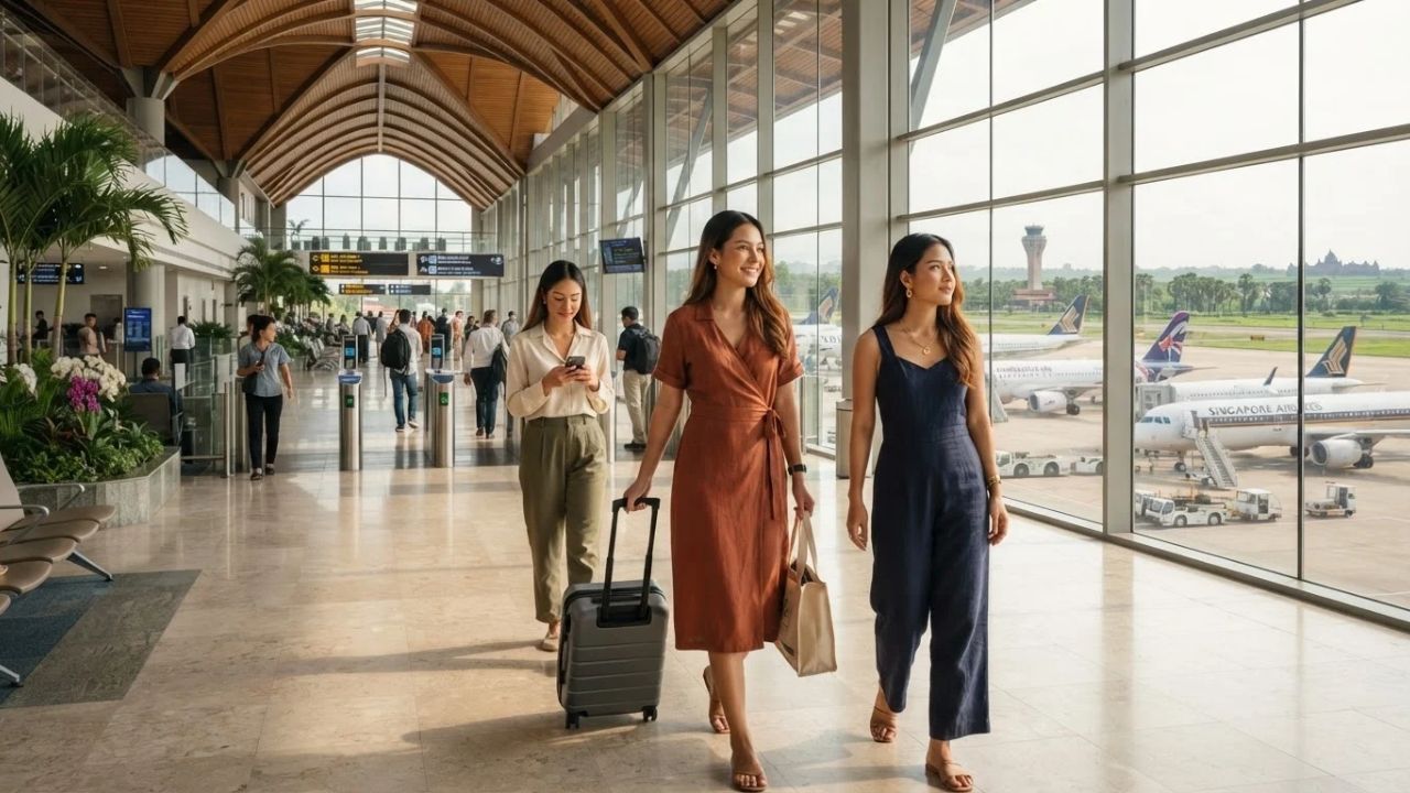 A side view of the modern glass facades of Cambodia's newly built Techo International Airport.
