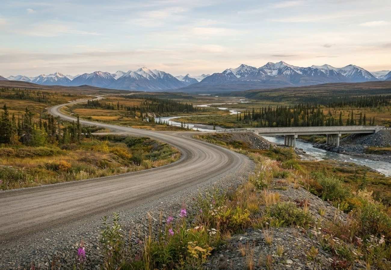 Aerial view of a remote Arctic road winding through the Canadian Northwest Territories