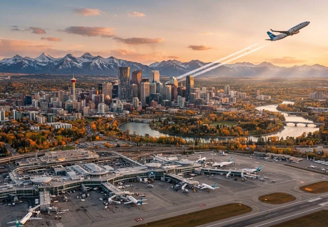 Aerial view of a Canadian international airport terminal with aircraft