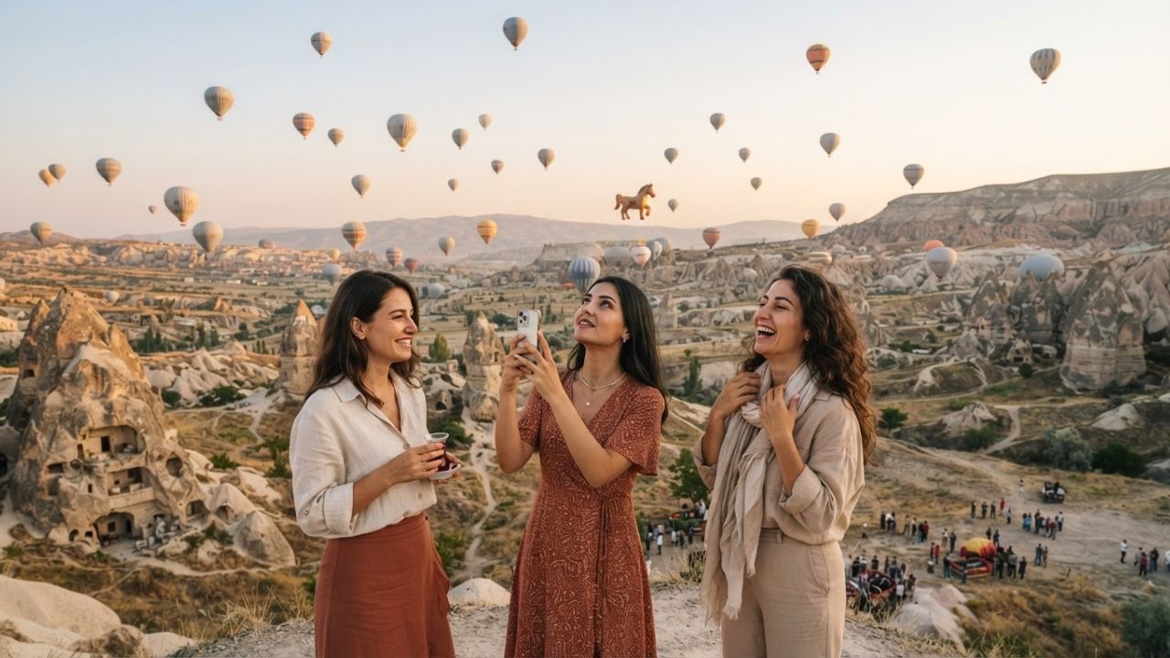 A photorealistic rendering of dozens of colorful hot air balloons rising over the unique rock valleys of Cappadocia at sunrise.