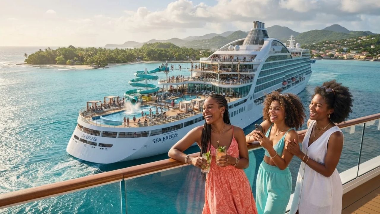 A large modern cruise ship docked at a private tropical island terminal in the Bahamas.