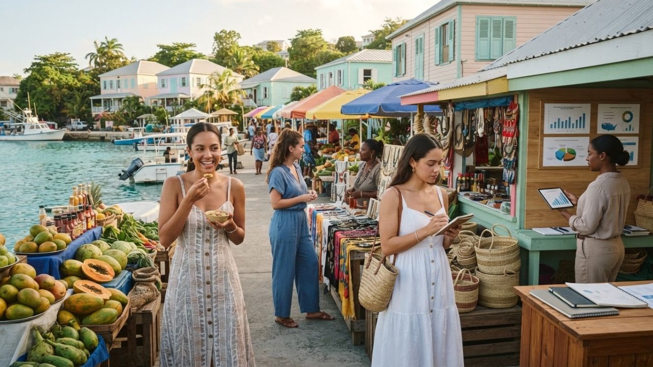 A vibrant local market in the Caribbean with fresh fruits, vegetables, and hand-woven baskets.