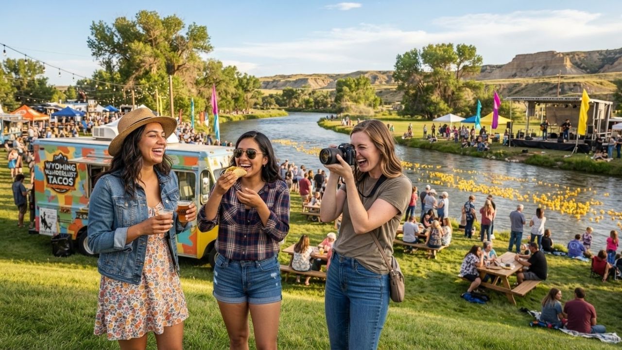 A scenic riverfront park in Wyoming with outdoor festival tents and visitors walking along the trails beside the water.