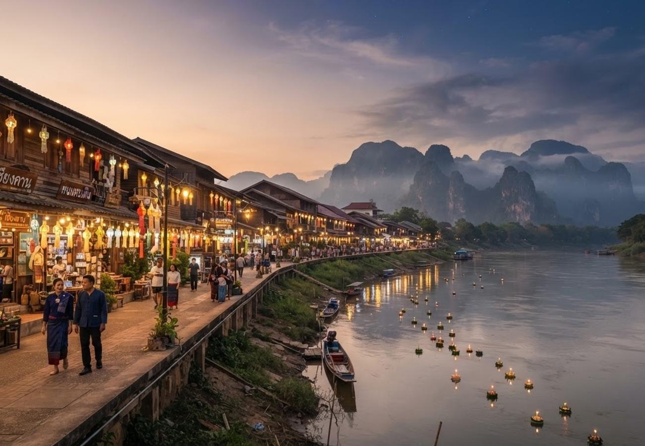 Mekong Riverside Road in Chiang Khan during the Singha Pha Mae Thiao Festival