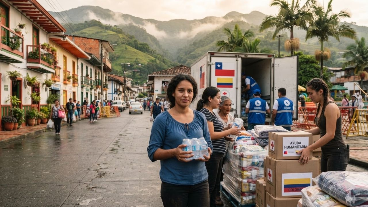 Humanitarian cargo plane unloading emergency relief supplies at Pereira airport in Colombia