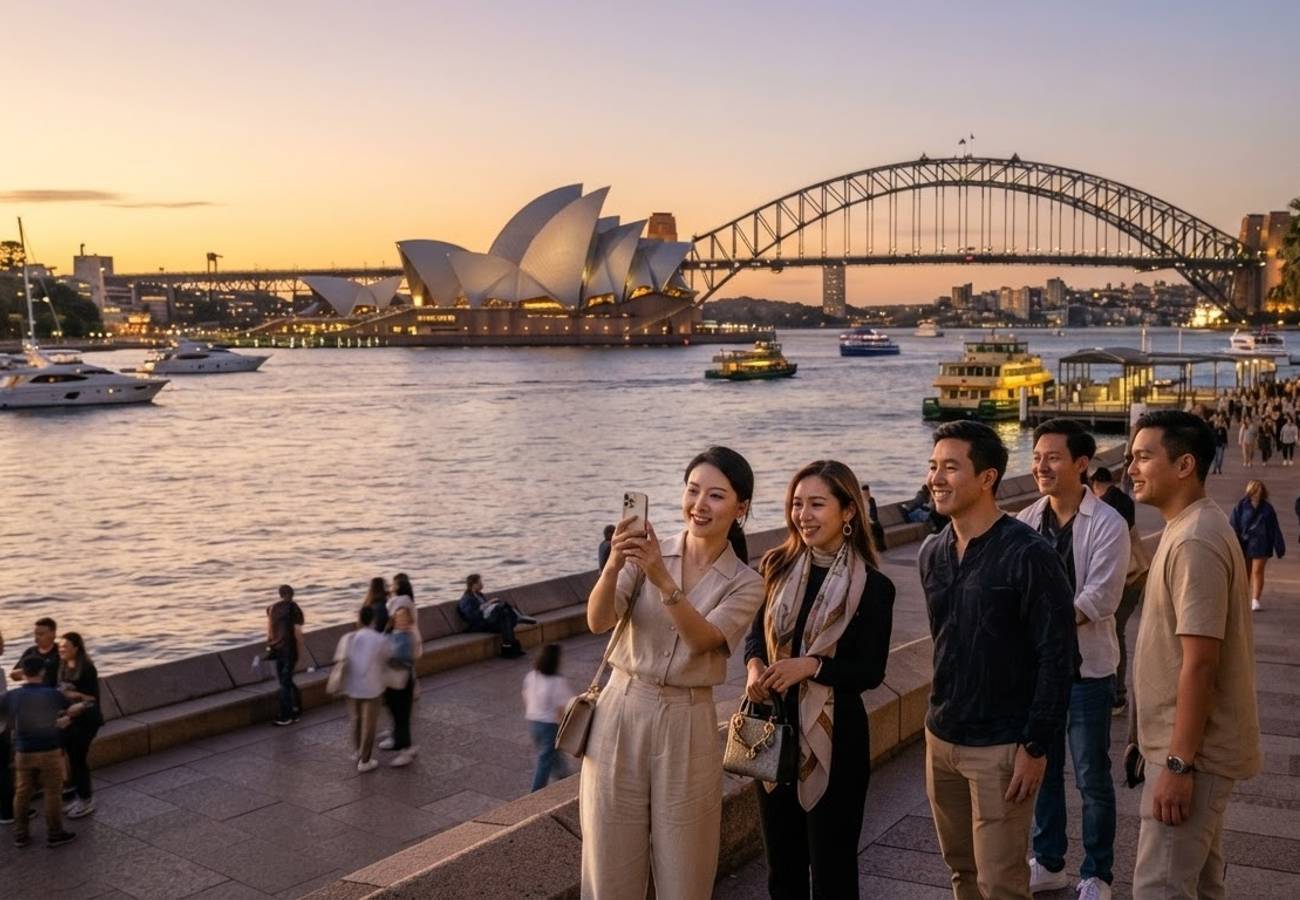 Aerial view of Australian tourism landmark with diverse international travelers