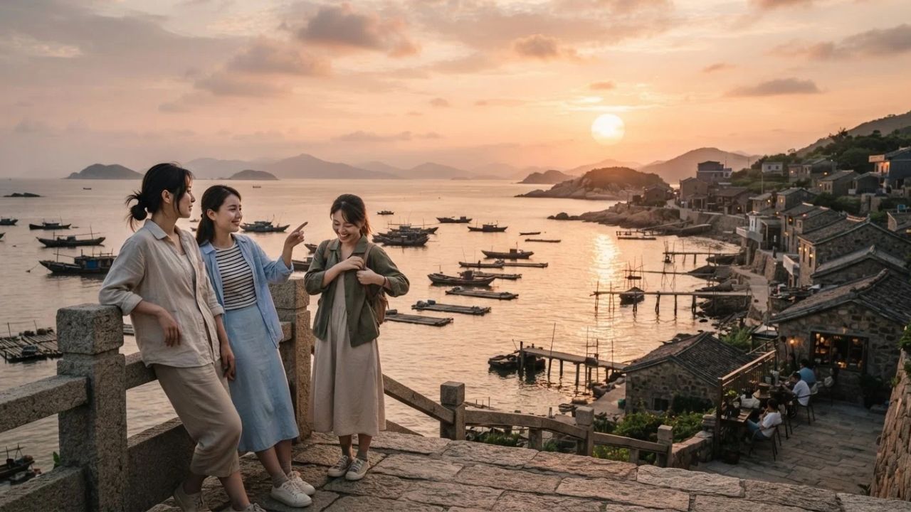A scenic view of a coastal village during a golden sunset, overlooking fishing boats in a bay.
