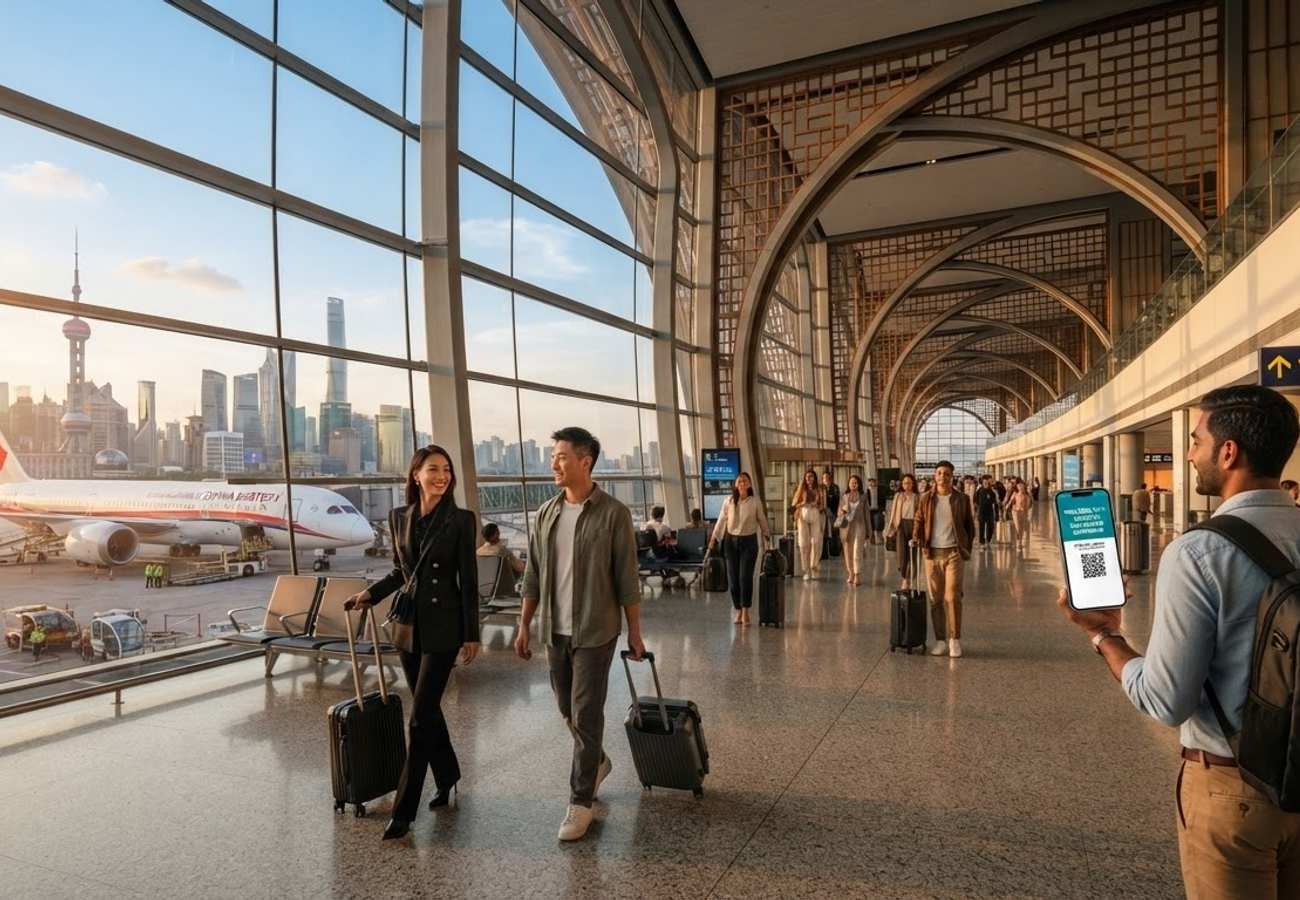 Aerial view of a modern Chinese international airport terminal